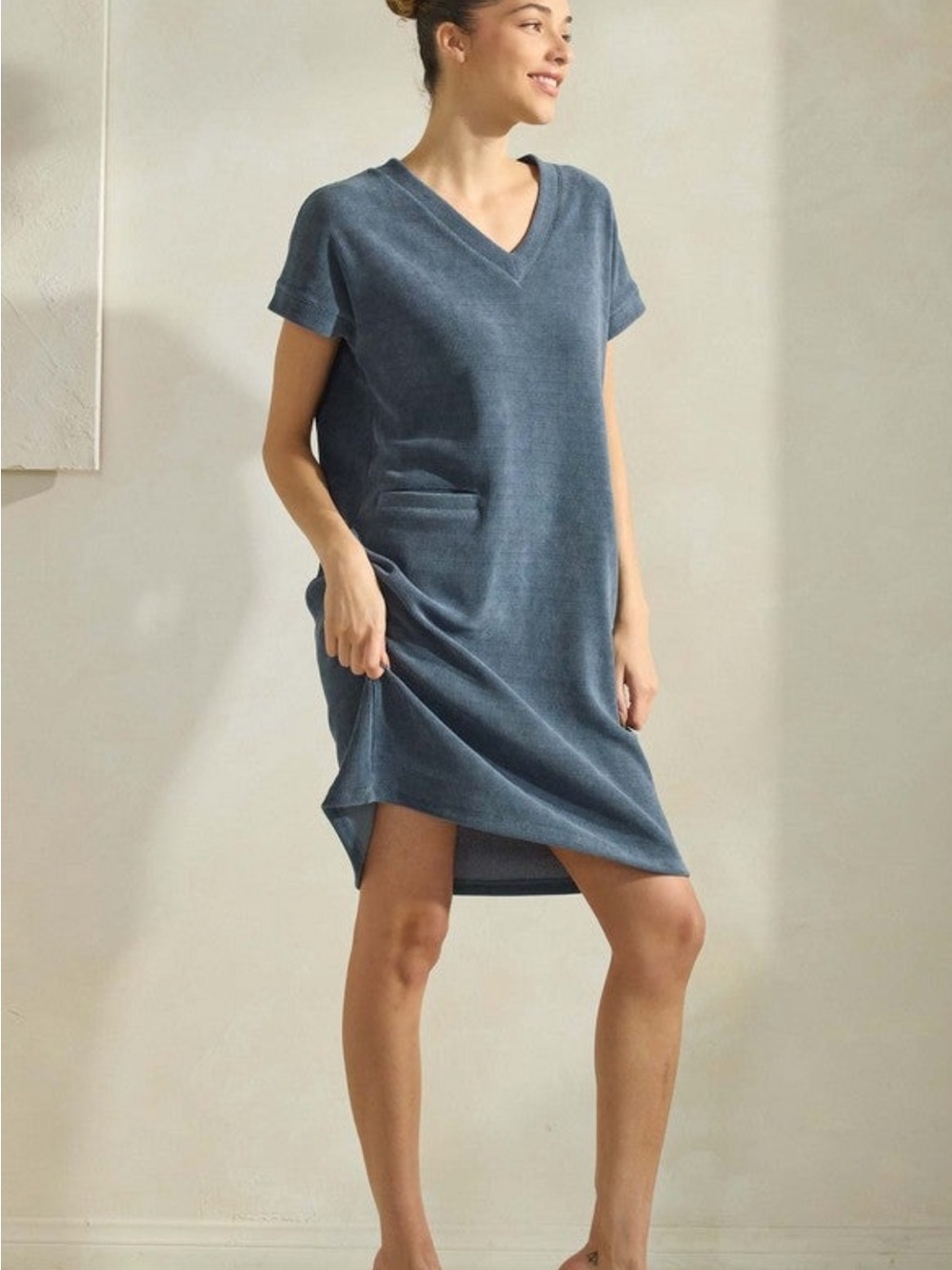 Yelete Blue V-Neck Corduroy Midi Dress